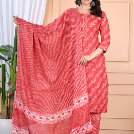 RED BANDHEJ KURTA SETS