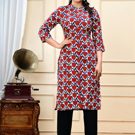 "Red Flower " Printed Kurti Set