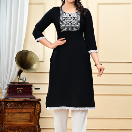 "Geometric Jaipuri Grace" Black Embroidered Kurti