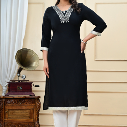 "Black Saganeri" Embroidered Kurti
