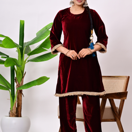 Maroon Zari Pearl Velvet Suit Set